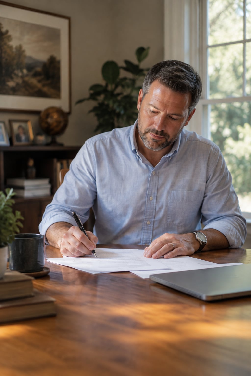 A hand signing a sheet of paper on an oak desk