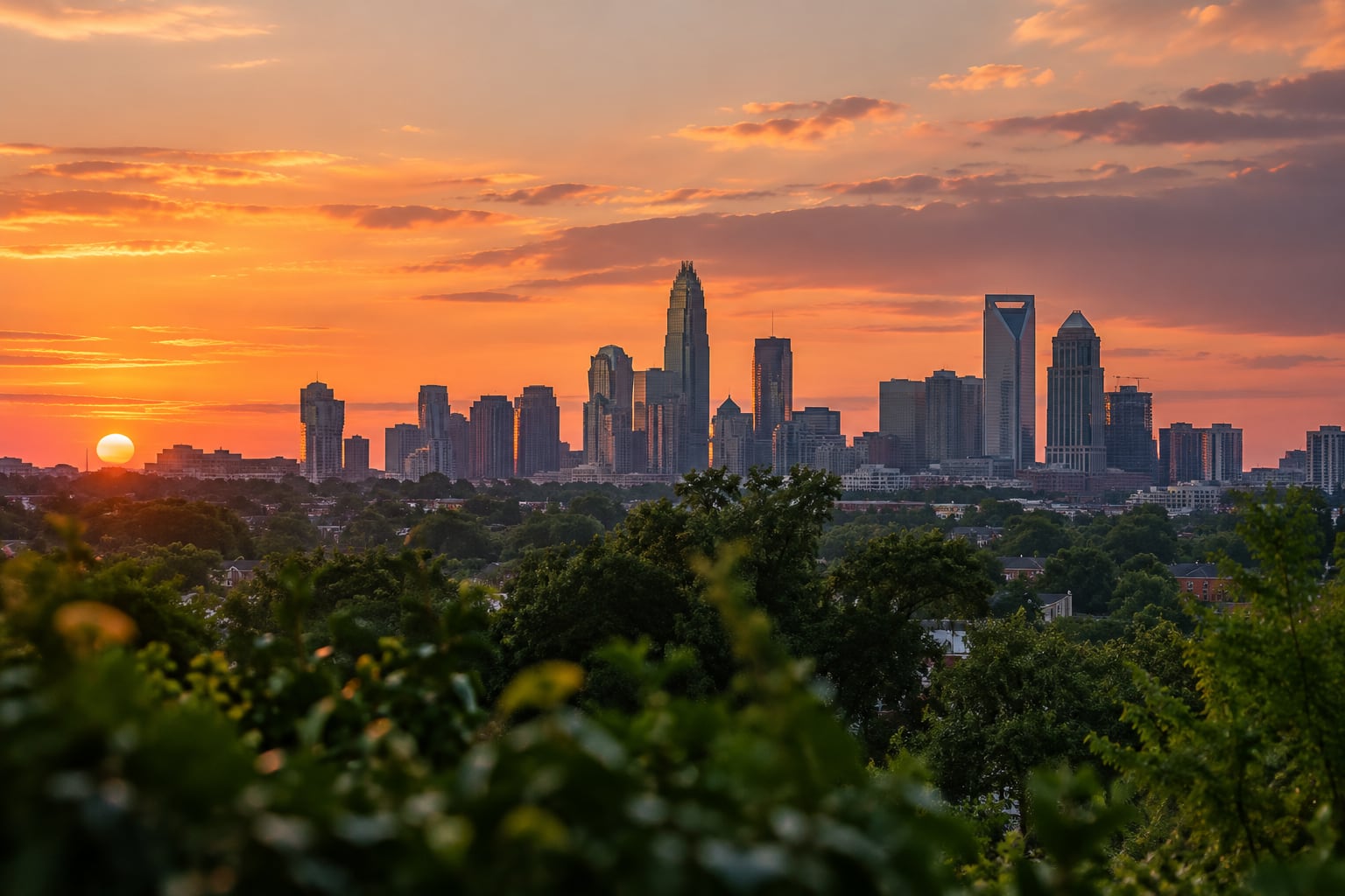 The Charlotte skyline seen from far away at dusk